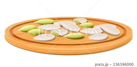 Pumpkin seeds on a wooden tray or cutting board. Whole and half pumpkin seeds isolated on white background. Realistic seeds. Tasty pumpkin kernels , a source of protein. 3d vector illustration. 136396000