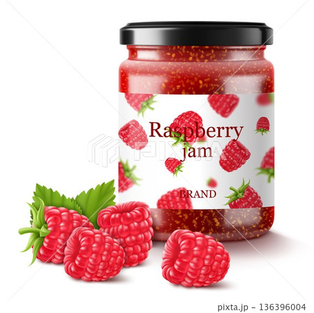 Raspberry jam in a glass jar and fresh berries isolated on white background. Realistic 3d Vector illustration of sweet homemade preserve. Preserved raspberry Compote or Jam, confiture or marmalade . 136396004