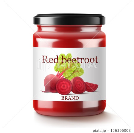 Beetroot smoothie in glass jar, a glass jar of beetroot juice or borscht dressing. Realistic 3d vector Illustration. Glass Jar with Preserved Beetroot. Natural organic food label. Beetroot smoothie in glass jar, a glass jar of beetroot juice or borscht dressing. Realistic 3d vector Illustration. Glass Jar with Preserved Beetroot. Natural organic food label. 136396008
