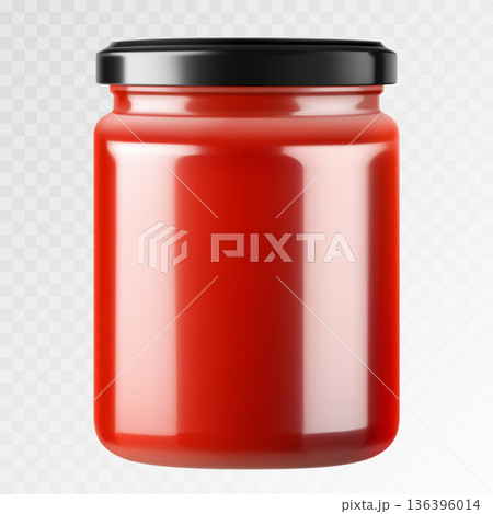 Tomato sauce canned in glass jar with screw metal lid, Vegetables home preservation. Ketchup, taco or tomato juice conservation isolated, 3d realistic vector illustration set 136396014
