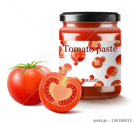 Tomato sauce canned in glass jar with screw metal lid, Vegetables home preservation. Ketchup, taco or tomato juice conservation isolated, 3d realistic vector illustration set 136396015