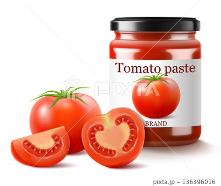 Tomato sauce canned in glass jar with screw metal lid, Vegetables home preservation. Ketchup, taco or tomato juice conservation isolated, 3d realistic vector illustration set 136396016