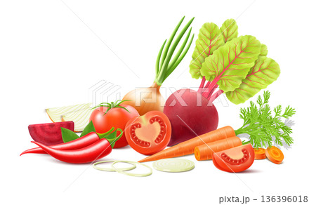 Composition with tomatoes, onions, carrots, beets and peppers isolated on white background. Fresh ripe vegetables in realistic style. 3d vector design. Composition with tomatoes, onions, carrots, beets and peppers isolated on white background. Fresh ripe vegetables in realistic style. 3d vector design. 136396018