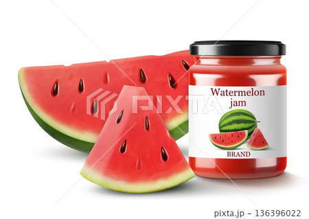 Glass jar with homemade watermelon jam, isolated on white background. Label with slice watermelon on a jar. Sweet homemade preserve watermelon jam or juice .Realistic 3d Vector illustration 136396022