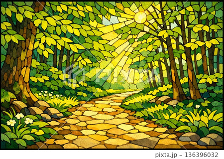 森林　森の小道　林道　木漏れ日　フォトリアル　 136396032