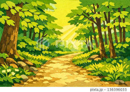 森林　森の小道　林道　木漏れ日　貼り絵風 136396033