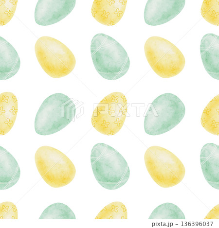 Pastel Easter eggs in yellow, green and blue colors as watercolor illustration, hand drawn seamless pattern. Ideal for wallpaper design, fabric printing, stationery sets and spring packaging Pastel Easter eggs in yellow, green and blue colors as watercolor illustration, hand drawn seamless pattern. Ideal for wallpaper design, fabric printing, stationery sets and spring packaging 136396037