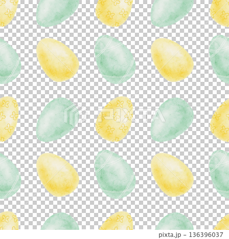 Pastel Easter eggs in yellow, green and blue colors as watercolor illustration, hand drawn seamless pattern. Ideal for wallpaper design, fabric printing, stationery sets and spring packaging 136396037