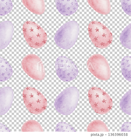 Decorated Easter eggs in lavender, pink and yellow tones as watercolor clipart, hand drawn seamless pattern. Designed for scrapbook paper, wrapping paper, textiles, invitations Decorated Easter eggs in lavender, pink and yellow tones as watercolor clipart, hand drawn seamless pattern. Designed for scrapbook paper, wrapping paper, textiles, invitations 136396038
