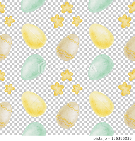 Easter eggs and small flowers in pastel yellow, green and beige as watercolor illustration, hand drawn seamless pattern. Perfect for spring stationery, gift wrap, fabric prints Easter eggs and small flowers in pastel yellow, green and beige as watercolor illustration, hand drawn seamless pattern. Perfect for spring stationery, gift wrap, fabric prints 136396039
