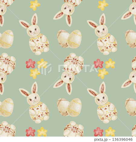 Easter rabbits, eggs and small flowers in sage green and cream colors as watercolor clipart, hand drawn seamless pattern. Ideal for wallpaper, fabric printing, planners, packaging Easter rabbits, eggs and small flowers in sage green and cream colors as watercolor clipart, hand drawn seamless pattern. Ideal for wallpaper, fabric printing, planners, packaging 136396046