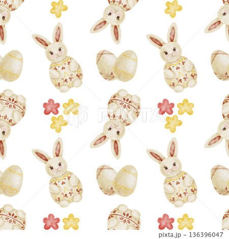 Bunny rabbits, Easter eggs and floral elements in pastel beige and pink as watercolor illustration, hand drawn seamless pattern. Designed for wrapping paper, stationery design, textiles Bunny rabbits, Easter eggs and floral elements in pastel beige and pink as watercolor illustration, hand drawn seamless pattern. Designed for wrapping paper, stationery design, textiles 136396047
