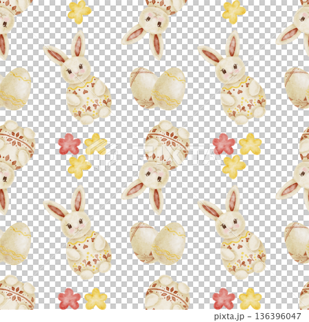 Bunny rabbits, Easter eggs and floral elements in pastel beige and pink as watercolor illustration, hand drawn seamless pattern. Designed for wrapping paper, stationery design, textiles 136396047