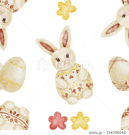 Easter rabbits, decorated eggs and flowers in soft beige and pastel yellow as watercolor clipart, hand drawn seamless pattern. Great for greeting cards, fabric prints, scrapbook paper and kids Easter rabbits, decorated eggs and flowers in soft beige and pastel yellow as watercolor clipart, hand drawn seamless pattern. Great for greeting cards, fabric prints, scrapbook paper and kids 136396048