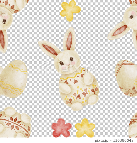 Easter rabbits, decorated eggs and flowers in soft beige and pastel yellow as watercolor clipart, hand drawn seamless pattern. Great for greeting cards, fabric prints, scrapbook paper and kids 136396048