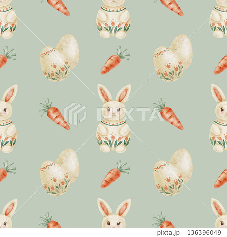 Easter bunnies, eggs and carrots in sage green and cream tones as watercolor illustration, hand drawn seamless pattern. Suitable for nursery textiles, wallpaper design, stationery Easter bunnies, eggs and carrots in sage green and cream tones as watercolor illustration, hand drawn seamless pattern. Suitable for nursery textiles, wallpaper design, stationery 136396049