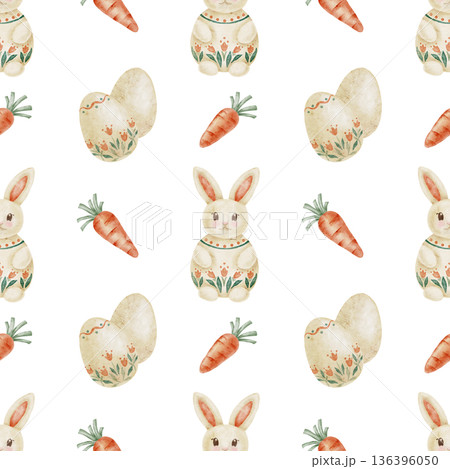 Rabbit characters, Easter eggs and carrots in warm beige and pastel orange as watercolor clipart, hand drawn seamless pattern. Ideal for kids apparel, wrapping paper, invitations, posters Rabbit characters, Easter eggs and carrots in warm beige and pastel orange as watercolor clipart, hand drawn seamless pattern. Ideal for kids apparel, wrapping paper, invitations, posters 136396050