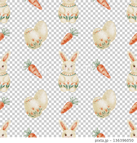 Rabbit characters, Easter eggs and carrots in warm beige and pastel orange as watercolor clipart, hand drawn seamless pattern. Ideal for kids apparel, wrapping paper, invitations, posters 136396050