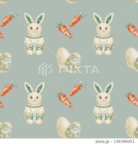 Easter bunnies, eggs and carrots in muted green and soft beige colors as watercolor illustration, hand drawn seamless pattern. Works for fabric design, wallpaper, gift wrap, stationery 136396051