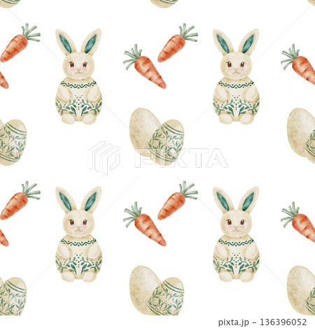 Bunny rabbits, Easter eggs and carrots in beige, sage and pastel tones as watercolor clipart, hand drawn seamless pattern. Perfect for spring packaging, greeting cards, textiles, planners 136396052