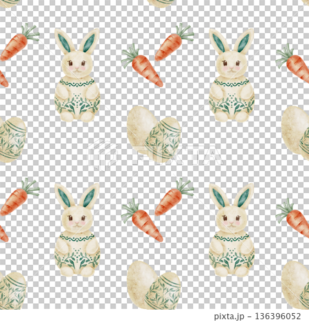 Bunny rabbits, Easter eggs and carrots in beige, sage and pastel tones as watercolor clipart, hand drawn seamless pattern. Perfect for spring packaging, greeting cards, textiles, planners 136396052