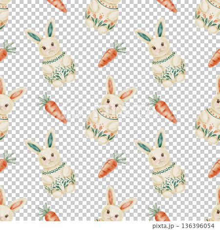 Decorated Easter bunnies and carrots in beige, pastel green and muted orange as watercolor clipart, hand drawn seamless pattern. Suitable for greeting cards, scrapbook paper, textiles, kids products Decorated Easter bunnies and carrots in beige, pastel green and muted orange as watercolor clipart, hand drawn seamless pattern. Suitable for greeting cards, scrapbook paper, textiles, kids products 136396054