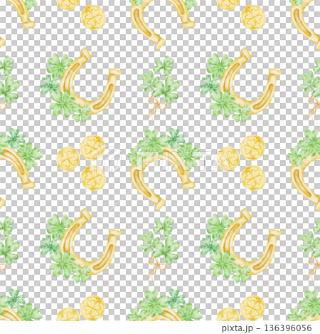 Golden horseshoes, green shamrocks and coin accents in repeating layout, watercolor illustration seamless pattern, hand drawn for St Patricks Day designs for textiles, packaging, invitations, party Golden horseshoes, green shamrocks and coin accents in repeating layout, watercolor illustration seamless pattern, hand drawn for St Patricks Day designs for textiles, packaging, invitations, party 136396056