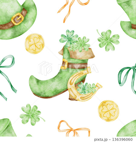 Green leprechaun boots, shamrocks and yellow coin accents painted as watercolor clipart seamless pattern, hand drawn for St Patricks Day merchandise including textiles, invitations, stationery, party 136396060