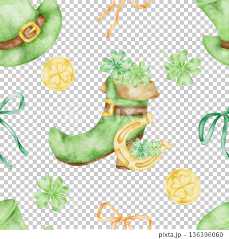 Green leprechaun boots, shamrocks and yellow coin accents painted as watercolor clipart seamless pattern, hand drawn for St Patricks Day merchandise including textiles, invitations, stationery, party 136396060