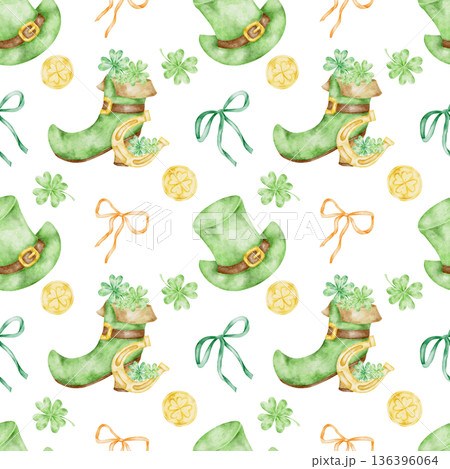 Green leprechaun hats, shamrocks, bows and gold coins illustrated in watercolor clipart seamless pattern, hand drawn for St Patricks Day designs for kids apparel, party supplies, textiles, stationery 136396064