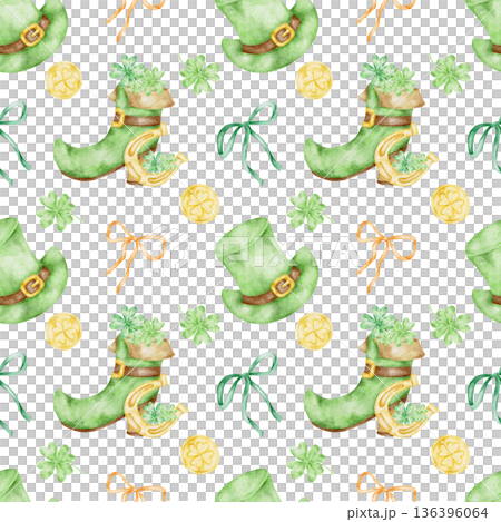 Green leprechaun hats, shamrocks, bows and gold coins illustrated in watercolor clipart seamless pattern, hand drawn for St Patricks Day designs for kids apparel, party supplies, textiles, stationery 136396064