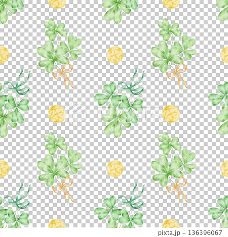 Green clover bouquets tied with ribbons and yellow coins, watercolor illustration seamless pattern, hand drawn for St Patricks Day themed textiles, gift wrap, scrapbook papers, stationery 136396067