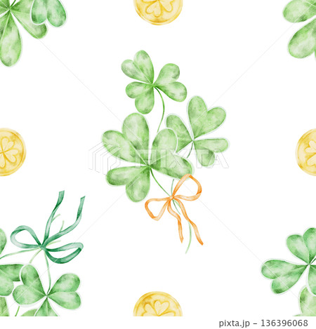 Large green shamrocks with yellow coin details illustrated in watercolor clipart seamless pattern, hand drawn for St Patricks Day designs, for fabric prints, party decor, stationery, packaging Large green shamrocks with yellow coin details illustrated in watercolor clipart seamless pattern, hand drawn for St Patricks Day designs, for fabric prints, party decor, stationery, packaging 136396068
