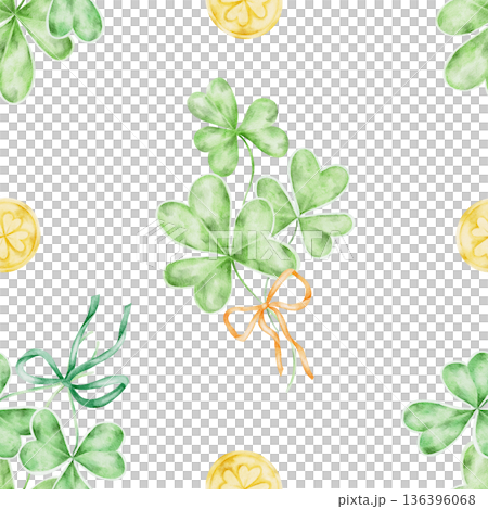 Large green shamrocks with yellow coin details illustrated in watercolor clipart seamless pattern, hand drawn for St Patricks Day designs, for fabric prints, party decor, stationery, packaging Large green shamrocks with yellow coin details illustrated in watercolor clipart seamless pattern, hand drawn for St Patricks Day designs, for fabric prints, party decor, stationery, packaging 136396068