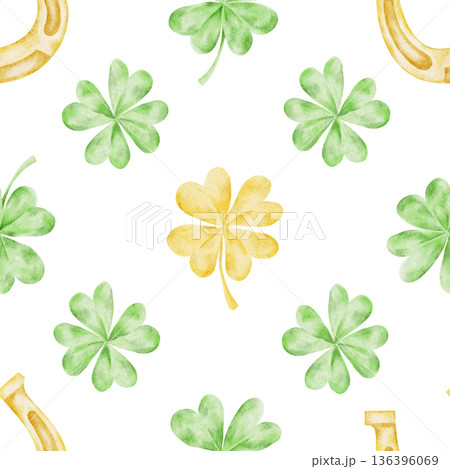 Green shamrocks and yellow clovers painted in watercolor tones, seamless pattern hand drawn for St Patricks Day clipart use in nursery prints, textiles, scrapbook supplies, gift wrap, invitations Green shamrocks and yellow clovers painted in watercolor tones, seamless pattern hand drawn for St Patricks Day clipart use in nursery prints, textiles, scrapbook supplies, gift wrap, invitations 136396069