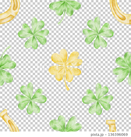 Green shamrocks and yellow clovers painted in watercolor tones, seamless pattern hand drawn for St Patricks Day clipart use in nursery prints, textiles, scrapbook supplies, gift wrap, invitations Green shamrocks and yellow clovers painted in watercolor tones, seamless pattern hand drawn for St Patricks Day clipart use in nursery prints, textiles, scrapbook supplies, gift wrap, invitations 136396069