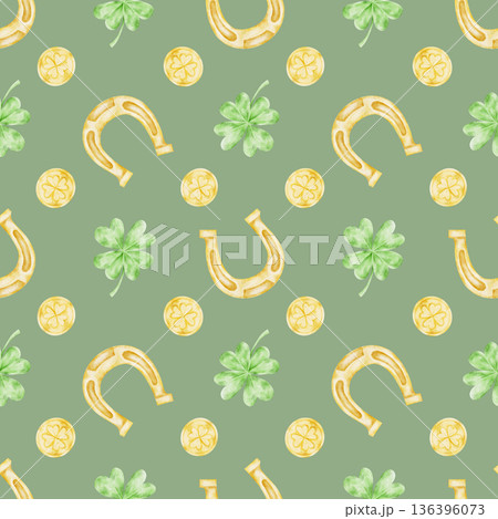 Green shamrocks, gold coins and yellow horseshoes on sage green tones, watercolor clipart seamless pattern, hand drawn for St Patricks Day designs, ideal for textiles, wrapping paper Green shamrocks, gold coins and yellow horseshoes on sage green tones, watercolor clipart seamless pattern, hand drawn for St Patricks Day designs, ideal for textiles, wrapping paper 136396073