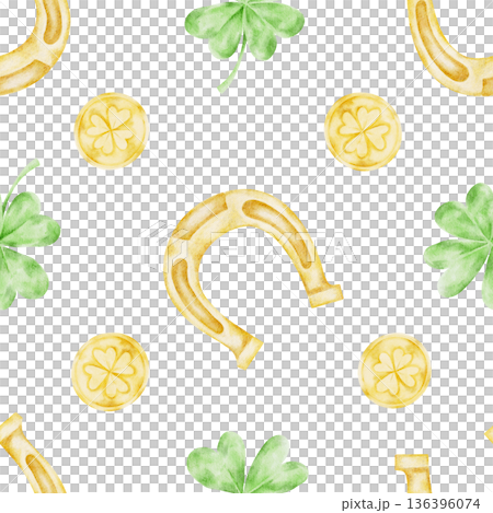 Golden horseshoes, green shamrocks and yellow coins in soft tones, watercolor illustration seamless pattern, hand drawn for St Patricks Day gift wrap, fabric prints, stationery, party decor Golden horseshoes, green shamrocks and yellow coins in soft tones, watercolor illustration seamless pattern, hand drawn for St Patricks Day gift wrap, fabric prints, stationery, party decor 136396074