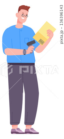 Operator check parcel barcode label on shipping box 136396143