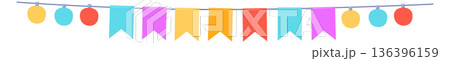 Colorful flags garland. Outdoor festive party decoration Colorful flags garland. Outdoor festive party decoration 136396159