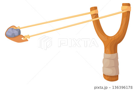 Slingshot cartoon icon. Kid toy with stone ammo Slingshot cartoon icon. Kid toy with stone ammo 136396178