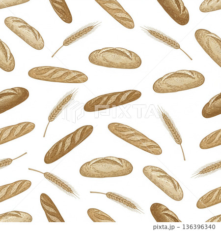 パン・ベーカリーシリーズ：バゲットと小麦の穂を描いたシックな手書き風パターン 136396340