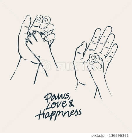 Minimal linear vector illustration of a human hand holding dog and cat paws. Symbol of care, trust, friendship, animal protection, pet adoption and emotional connection between humans and animals. 136396351