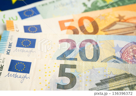 Euro banknote and coin, Europe money, economy finance exchange trade investment. 136396372