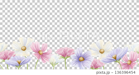 Watercolor blooming spring flowers seamless border on white. Horizontal floral repeat banner with cosmos wildflowers in pink, white and pastel purple colors for delicate botanical designs Watercolor blooming spring flowers seamless border on white. Horizontal floral repeat banner with cosmos wildflowers in pink, white and pastel purple colors for delicate botanical designs 136396454