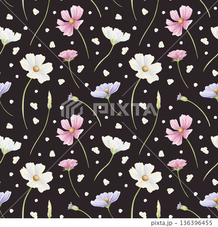 Spring wildflowers seamless pattern with field flowers on dark black. hand drawn repeat background with tiny pastel pink, purple and white cosmos plants. Blooming meadow for delicate wallpaper Spring wildflowers seamless pattern with field flowers on dark black. hand drawn repeat background with tiny pastel pink, purple and white cosmos plants. Blooming meadow for delicate wallpaper 136396455