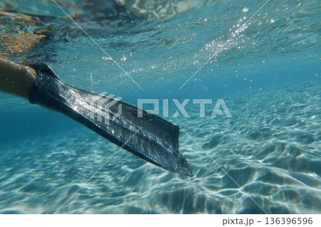 A close-up of a snorkeler's fin gently propelling through clear water, creating subtle ripples, emphasizing effortless movement. A close-up of a snorkeler's fin gently propelling through clear water, creating subtle ripples, emphasizing effortless movement. 136396596
