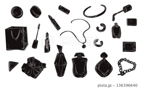 Set of cosmetic and jewelry items in black vector silhouettes hand drawn. perfume flacons, makeup items monochrome elements. Clipart for design beauty branding, fashion, cosmetic packaging. 136396640