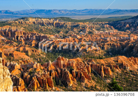 Views of Bryce Canyon during daylight with rock formations and trees 136396708