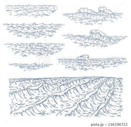 Sea waves. Vintage vector engraving illustration. Isolated on white 136396722